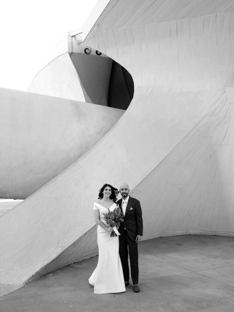 Wedding couple at TWA Hotel at JFK Airport.